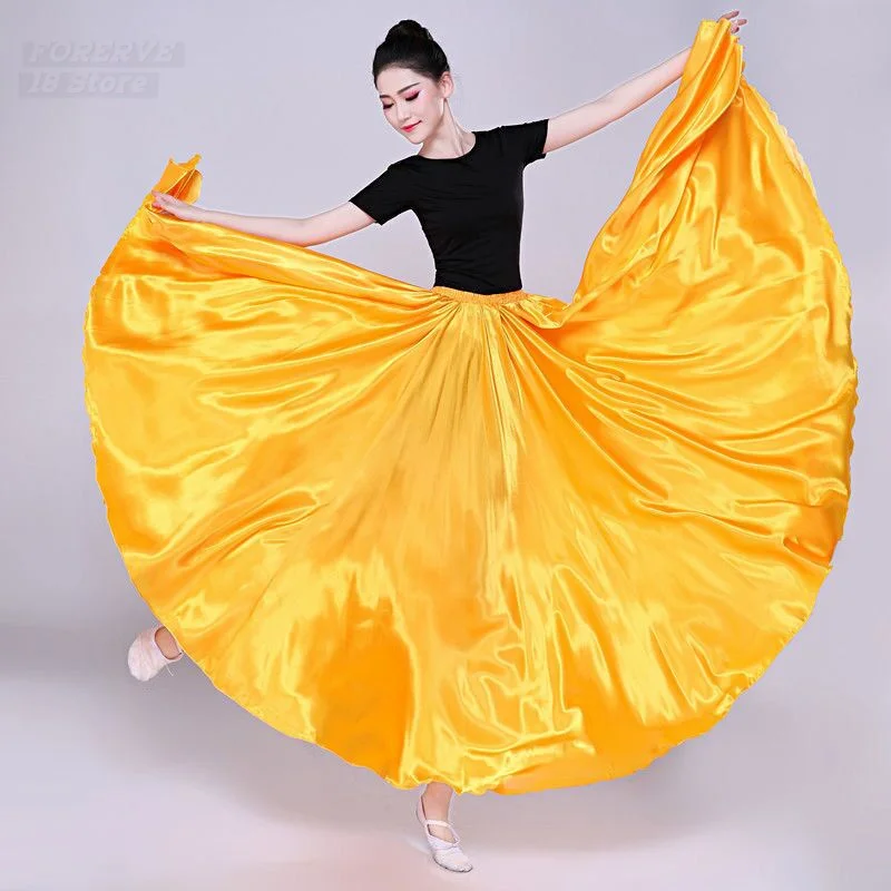 Gypsy Long Skirts Women Yi and Uyghur Tibetan Dance Performance Costumes Dancer Solid Color Purple Gold Dance Satin Skirt