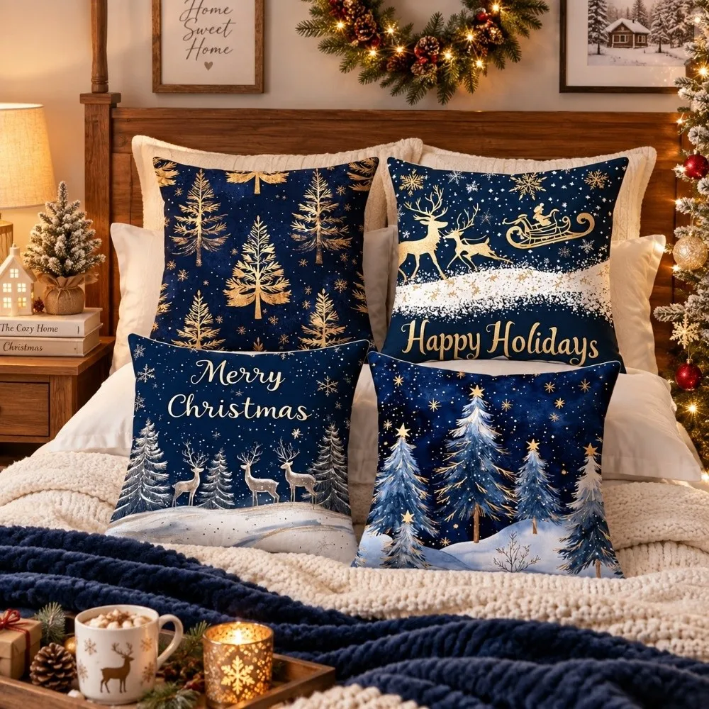 4PCS Reindeer Christmas Pillow Covers Pumpkin Dwarf Xmas Pillowslip 2D Flat Pattern Tree Snowflake Throw Cushion Case Sofa