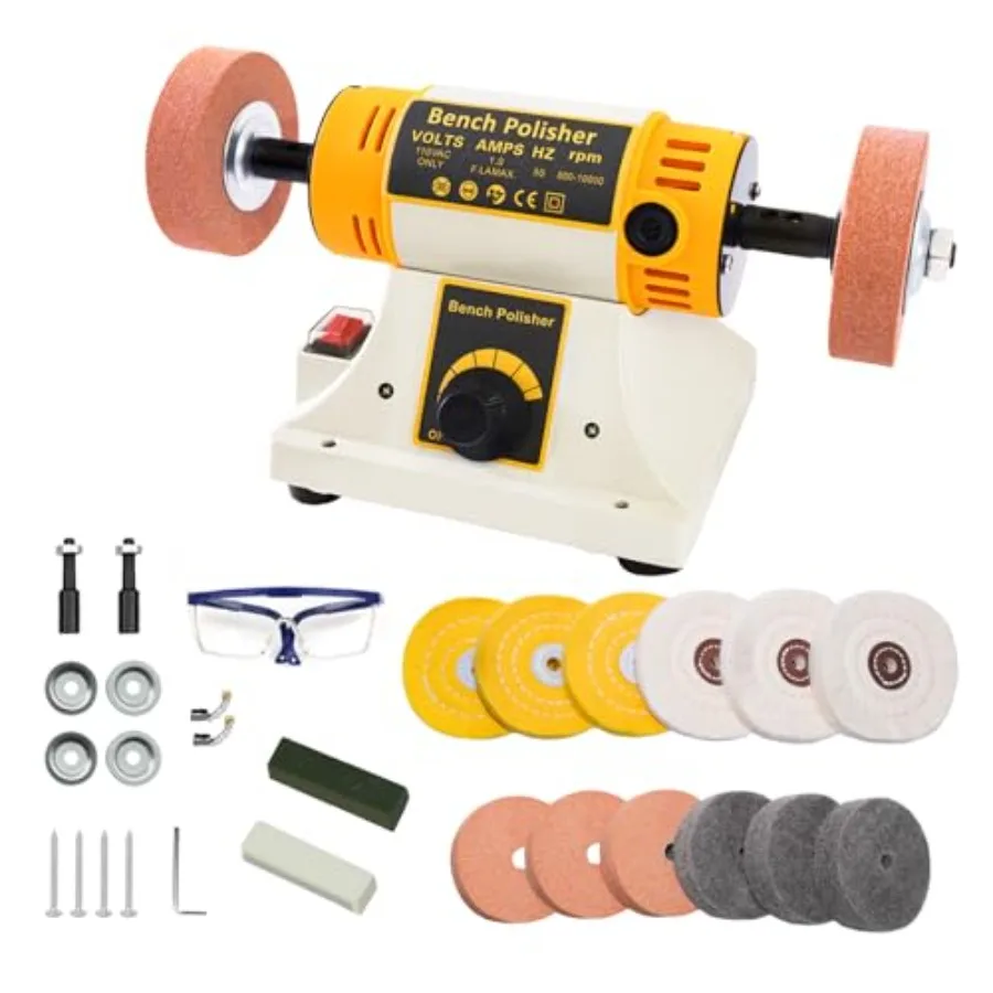 

Jewelry Bench Polisher and Buffer Variable Speed Polishing Machine Professional Buffing Machine for Metal Wood Jade 15PCS Acces