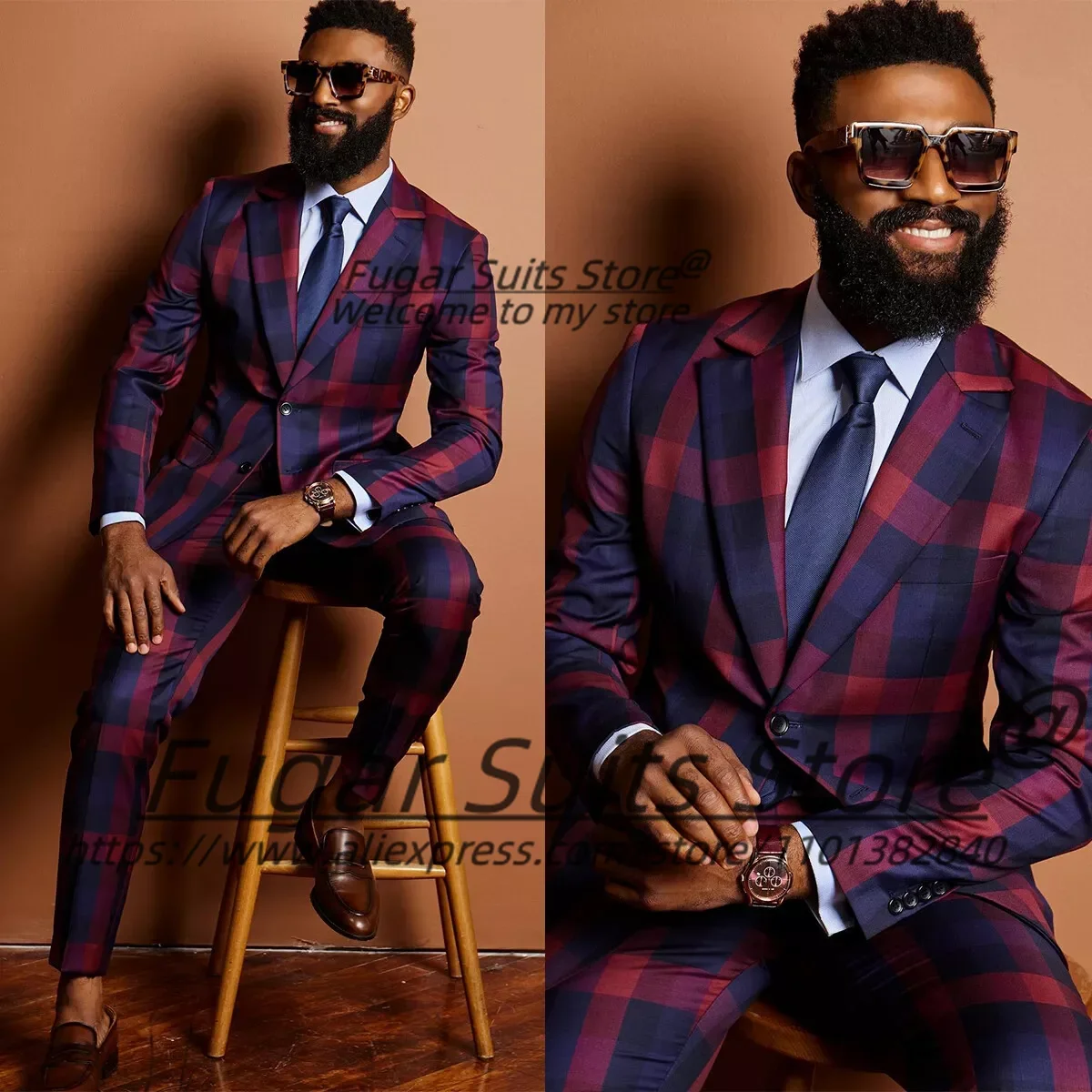 

Business Plaid Men Suits Customized Slim Fit Notched Lapel Groom Wedding Tuxedos 2 Pieces Sets Male Prom Blazers Costume Homme
