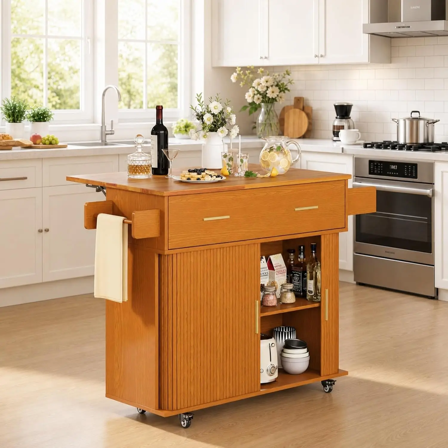 Kitchen Island Cart with Drop Leaf, Sliding Door, Drawers, Spice Rack & 2-Tier Storage, 39.4