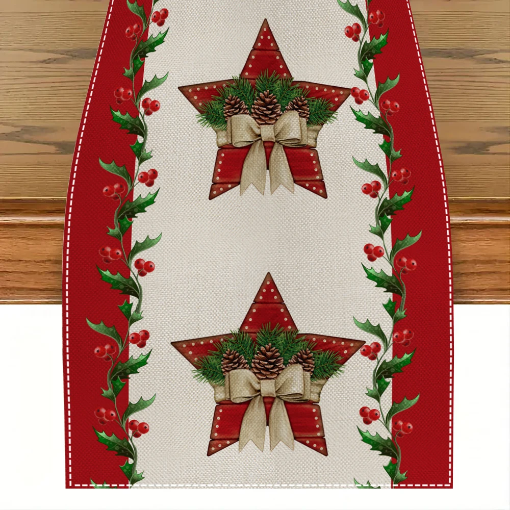 Camino de mesa de lino con estampado de corona navideña para mesa de comedor, decoración de fiesta, mantel para mesa de centro antimanchas, cubierta para mesa