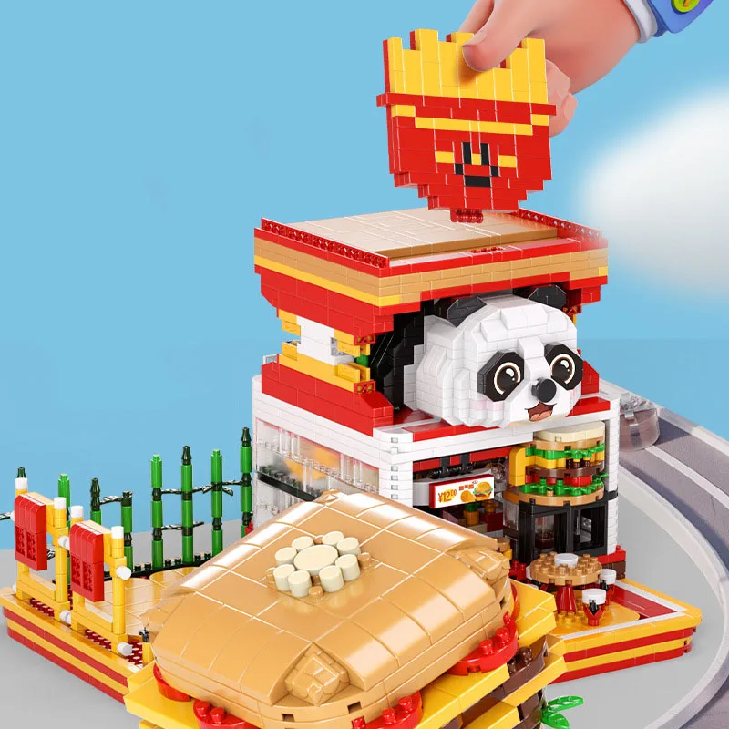 Moc panda hambúrguer gato café blocos de construção conjunto comida rua loja arquitetura brinquedos para crianças aniversário presentes do dia especial