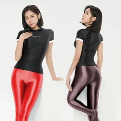 Silky smooth glossy T-shirt sexy tight short sleeve glossy silk base shirt casual versatile tights Sports swim cloths