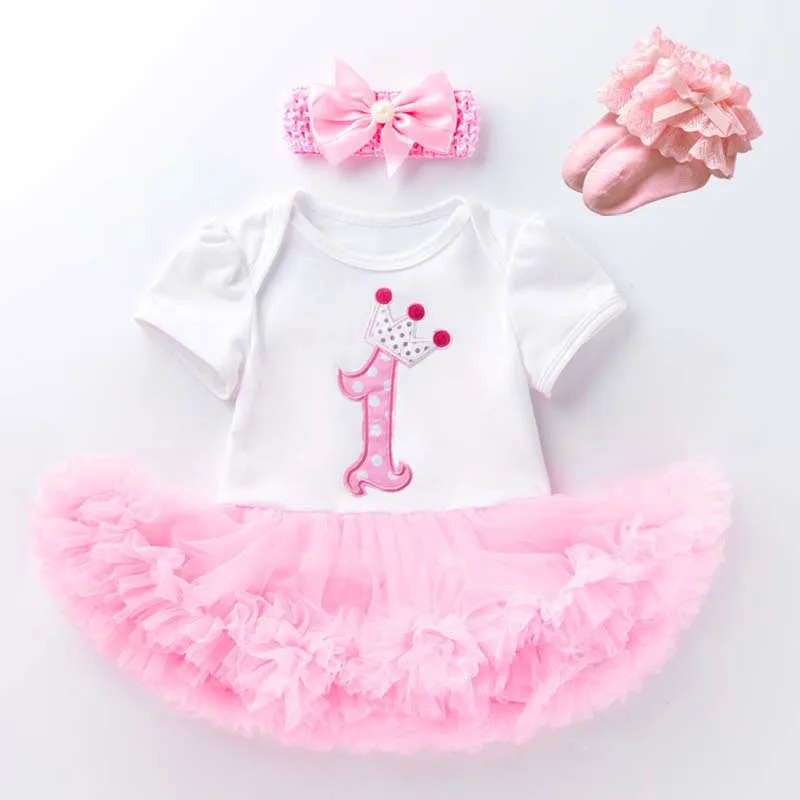 

Наряды на первый день рождения, комбинезон с короной для маленьких девочек, розовое платье-пачка, хлопковое боди для новорожденных + носки + повязки на голову, одежда для ребенка 1 года, 6, 9, 12 месяцев