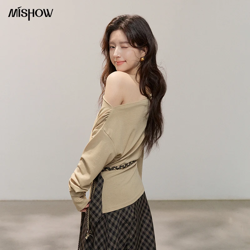 MISHOW Women Lyocell Wool Off Shoulder Knit Top 2026 Spring New Ruched Waist Slim Fit Elegant Casual Long Sleeve Tee MXF14Z3028 image 2