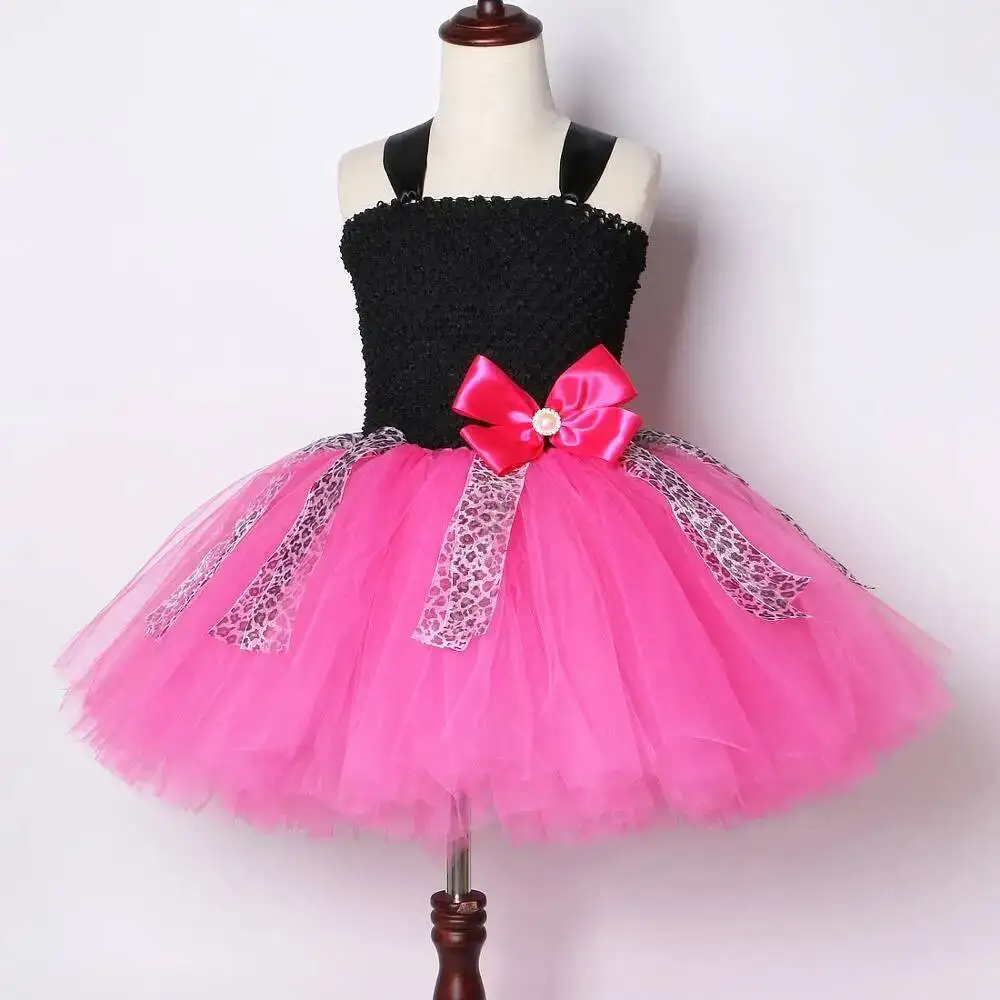 Girls Black Hot Pink Princess Dresses with Big Bowknot Hair Clip Birthday Party Tutu Dress Up Outfit for Kids Leopard Clothing