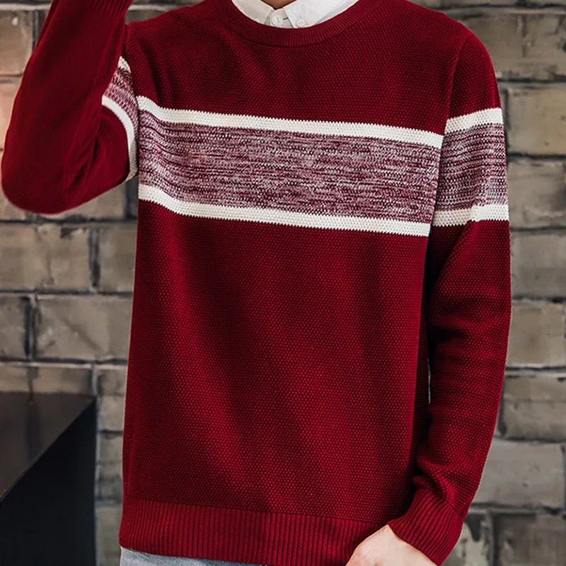 Осенний повседневный мужской свитер, тонкий лоскутный свитер больших размеров, мужской вязаный пуловер, свитер 2025 года, новый хлопковый черный свитер с круглым вырезом, мужской 3XL