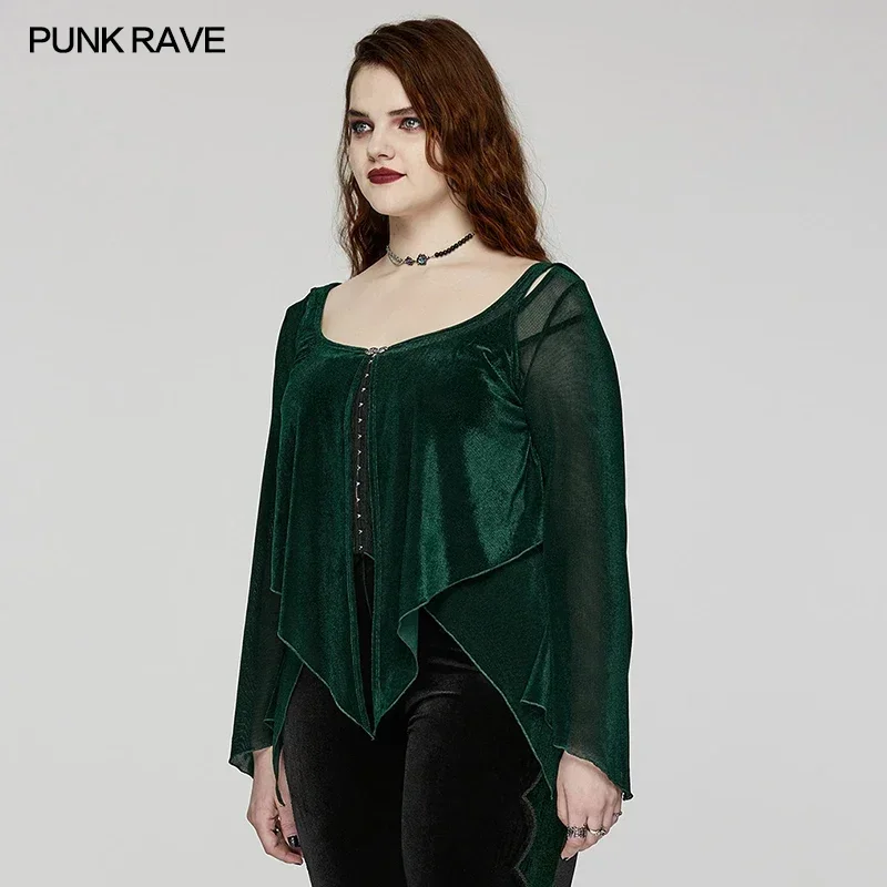 PUNK RAVE Women's Gothic Fake Two-pieced Elastic Flocked Mesh Long Sleeve Shirt Gorgeous Lace Exquisite Carved Clasps Green Tops