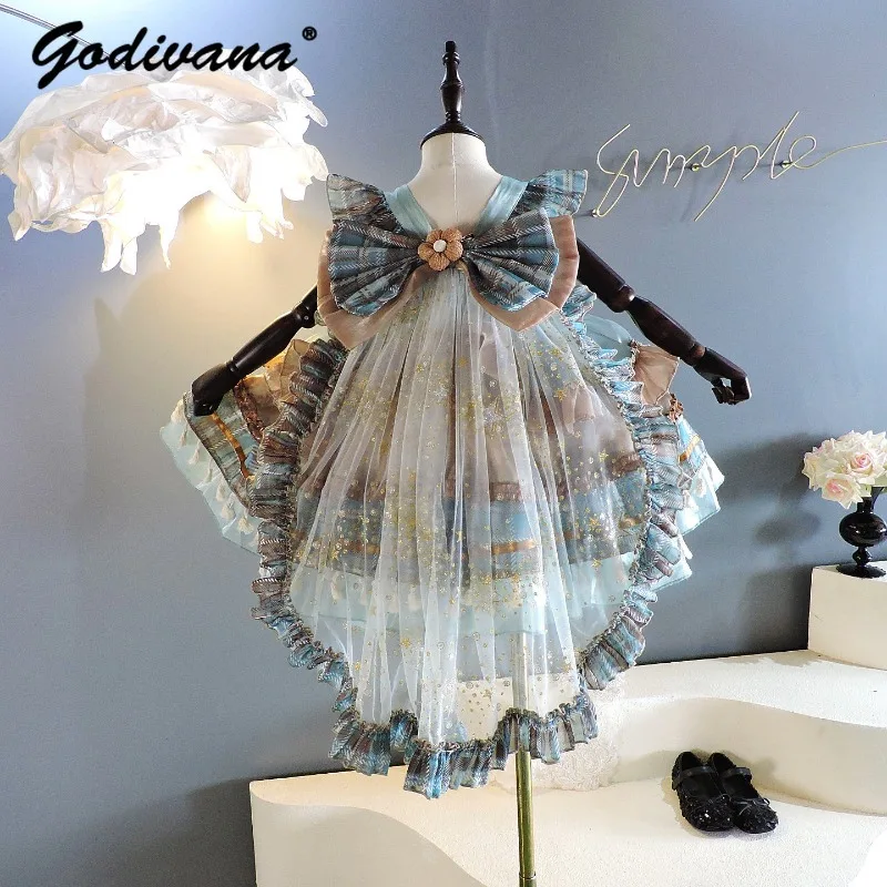 Little Girls Bubble Sleeve Plaid Lolita Dress 2026 New Children's Sweet Fashion Heavy Princess Dress Girls Birthday Party Dress