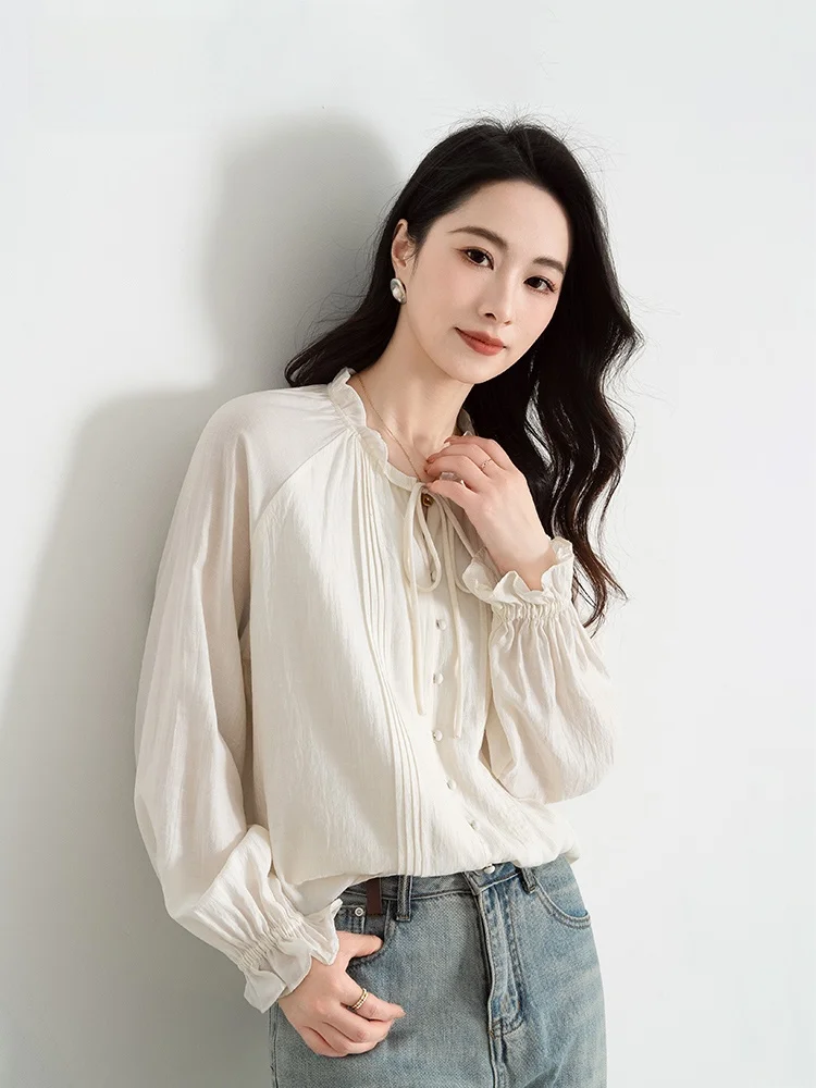 쉬파니 롱 슬리브 셔츠 여성용 봄 가을 2025 신상 스탠드 칼라 벨티드 나무 귀 레이스 스몰 프래그런스 스타일 이너웨어 탑