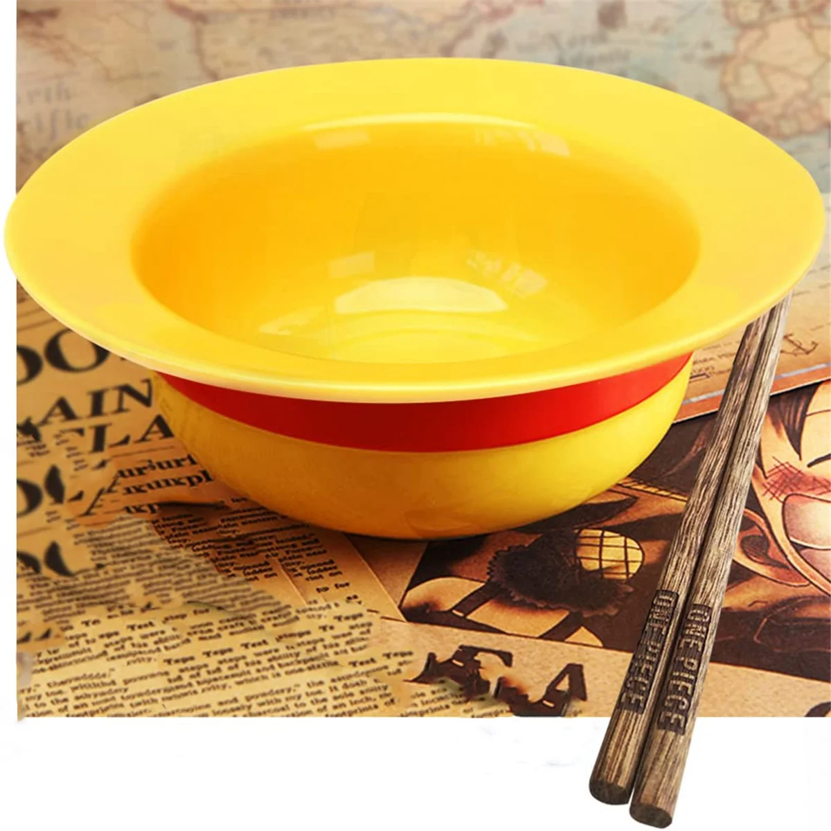 One Piece Straw Hat Bowl Set Straw Hat Ceramic Bowl Engraved One Piece Chopsticks Dishwasher Safe Ceramic TablewareJAS