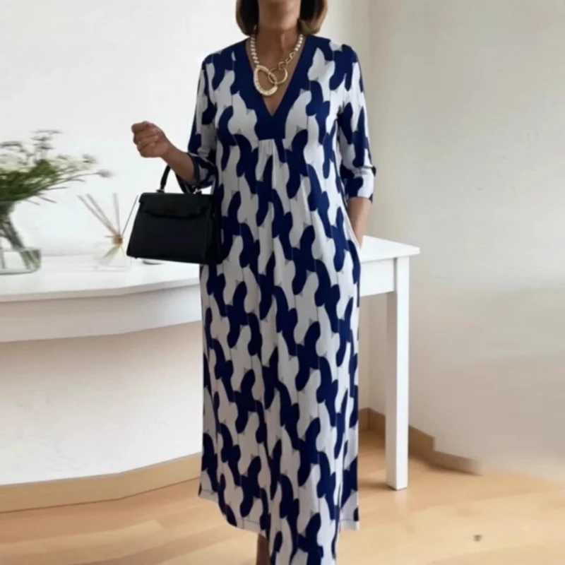 

2026 Весеннее длинное платье с принтом в стиле ретро, женское элегантное вечернее платье с v-образным вырезом и карманами, осеннее свободное богемное платье с короткими рукавами Mujer
