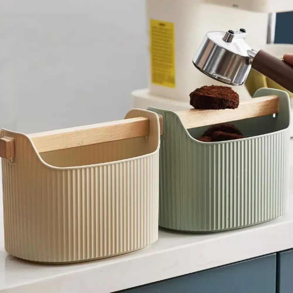 Large Capacity Coffee Grind Knock Box Wood Handle Splash-proof Coffee Grounds Container Plastic Oblique Mouth Design