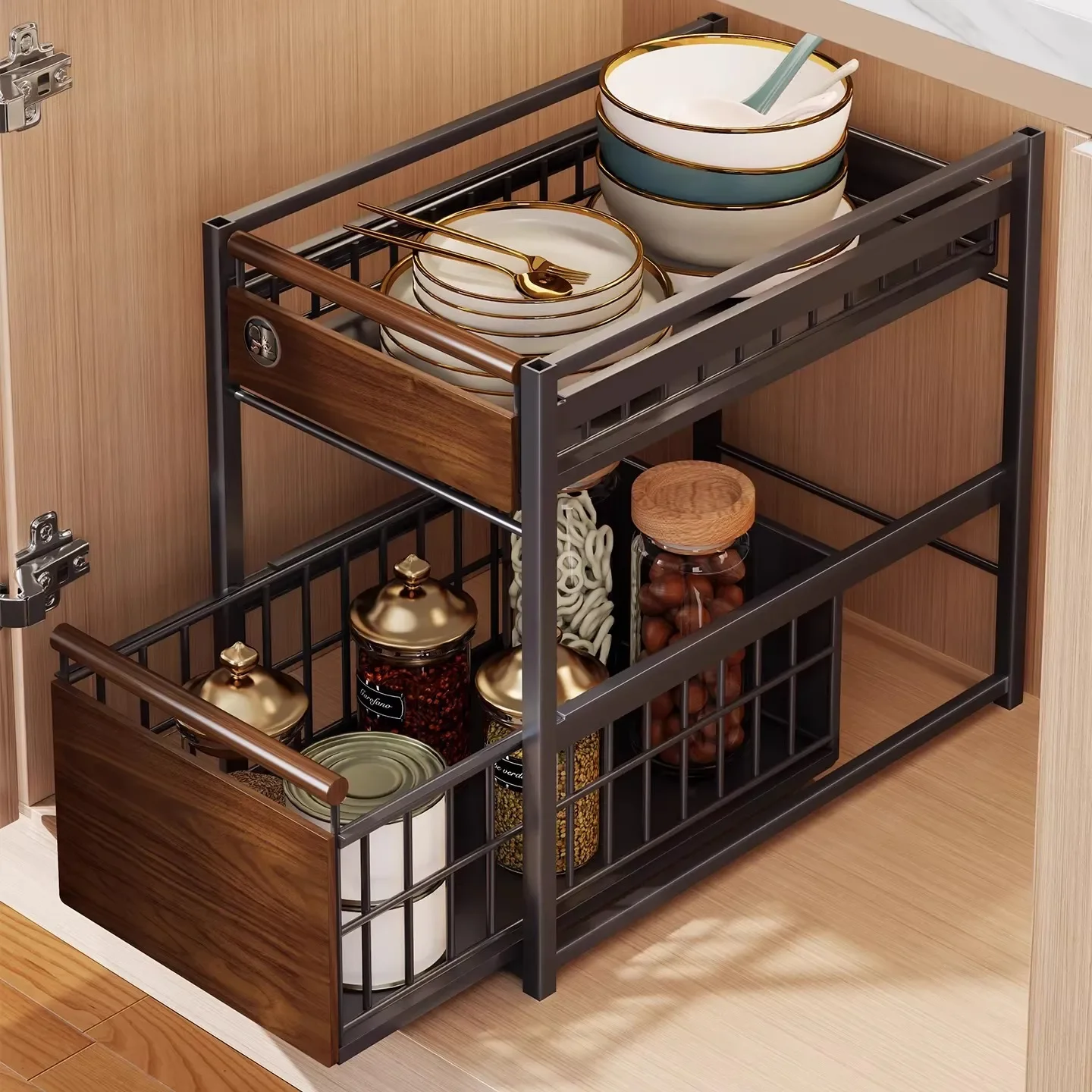 Solid wood kitchen pull-out rack cabinet layered rack under sink multi-functional artifact new storage basket