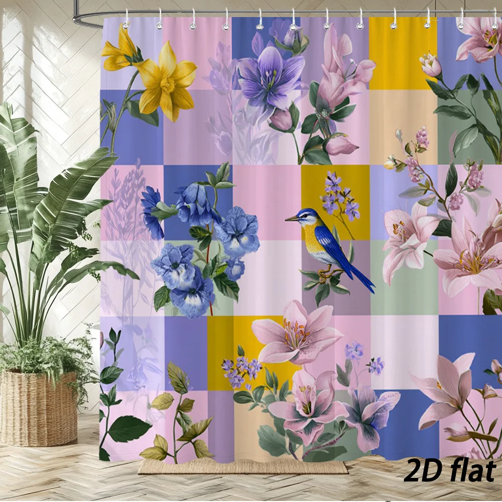 Retro Botanical Floral With Small Blue Yellow Bird On Multicolor Pastel Plaid Block Background Pattern Bath curtain Cozy