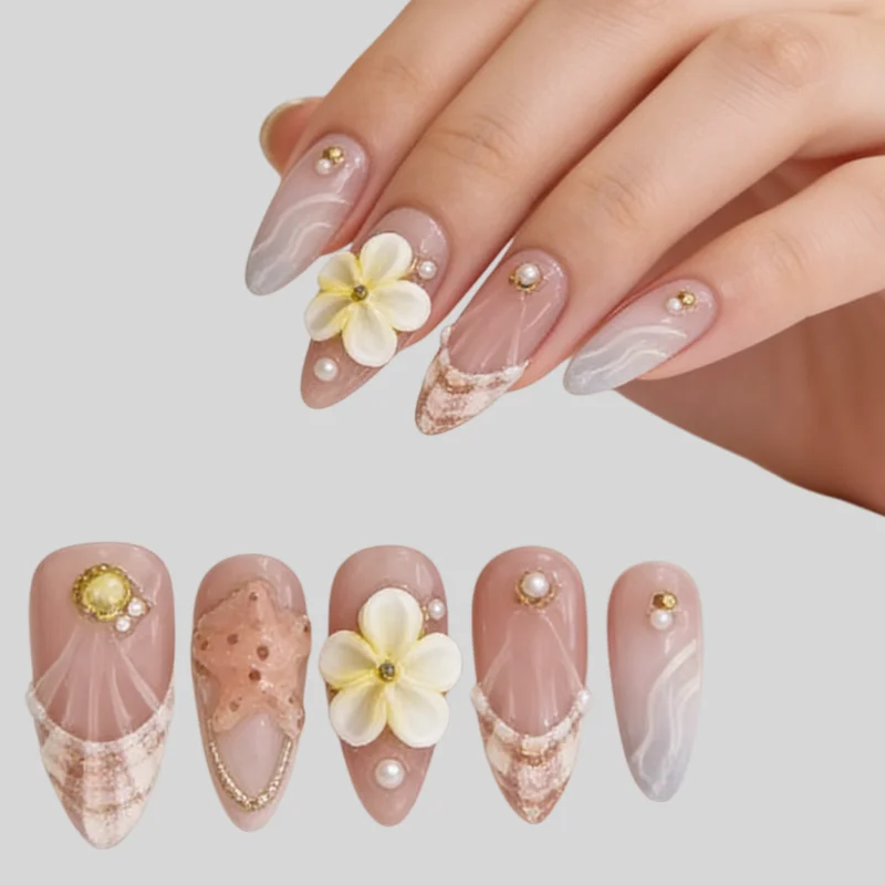 30Pcs Fake Nails 3D Starfish French Manicure Pearl Light Yellow Gradient Press-On Nails—Perfect as a Gift for Girls and Friends
