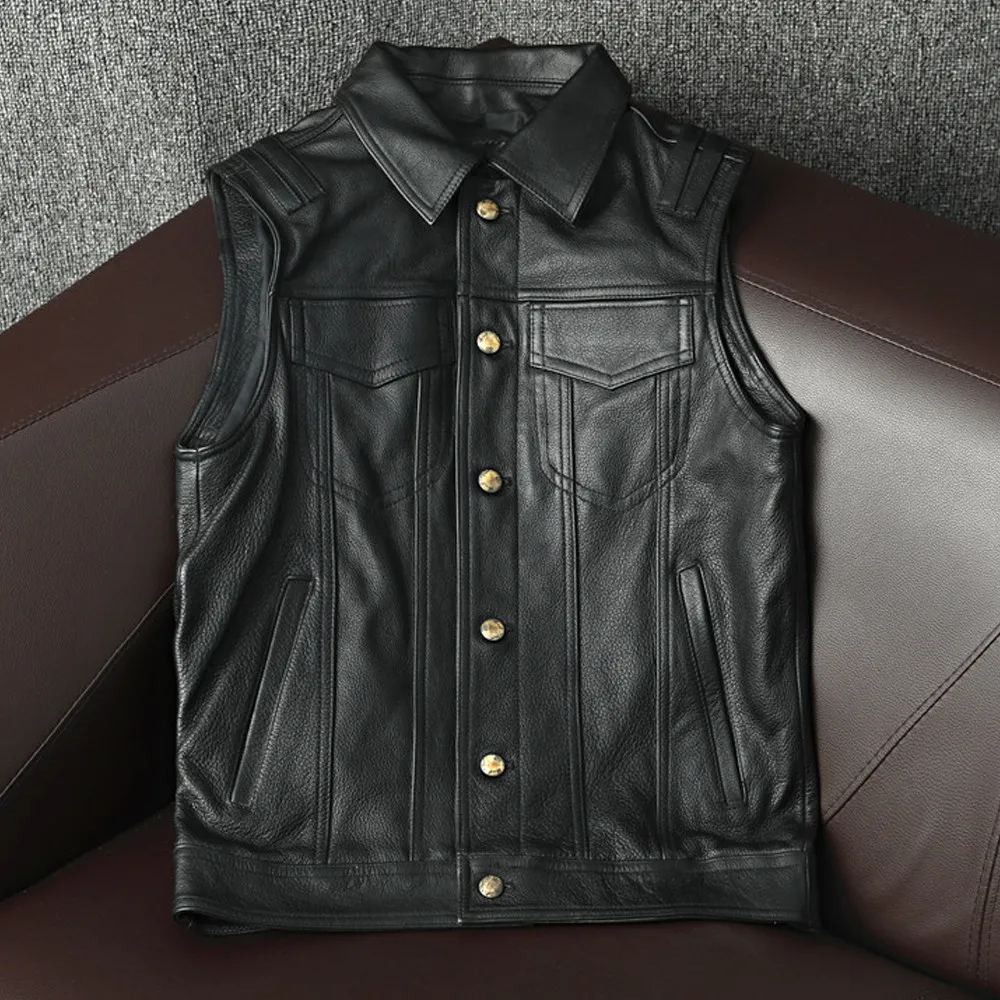 First layer cowhide leather locomotive slim-fit short vest