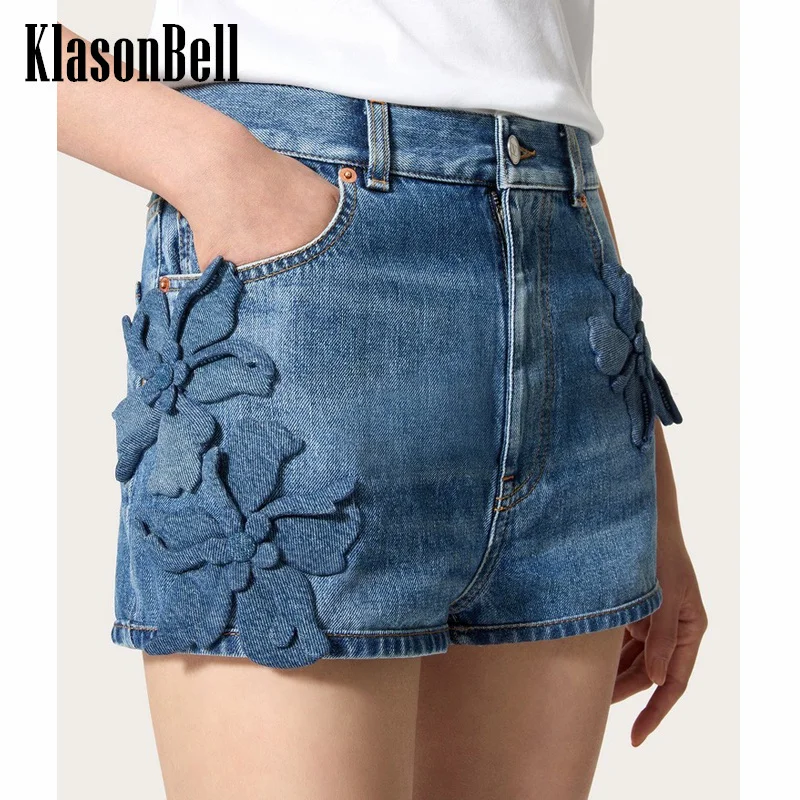 

6.21 KlasonBell Fashion Hand-Stitched Flower Decoration Straight Shorts For Women Washed Denim Sexy Hot Girl Shorts y2k