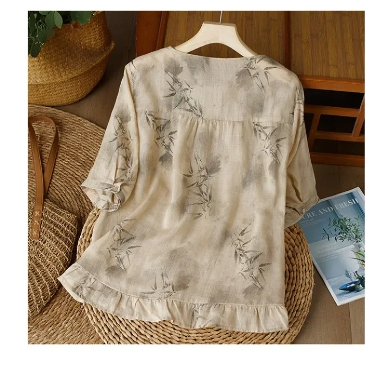 Blus wanita Vintage motif, atasan kaus Wanita Korea leher O, penjualan pakaian lengan pendek longgar atasan Linen katun musim panas