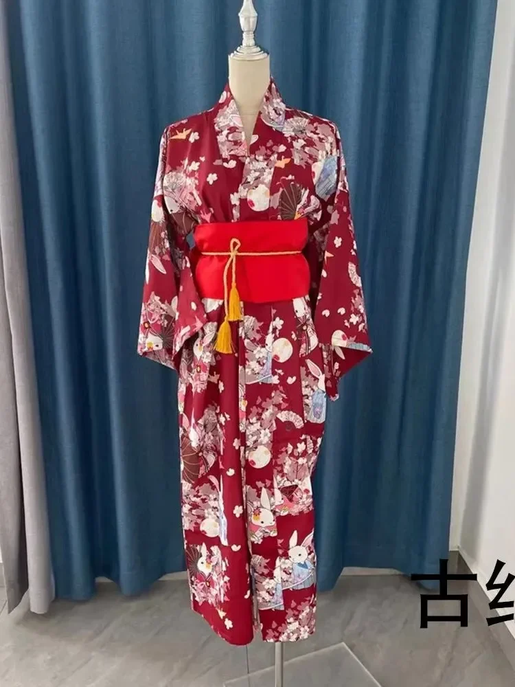 Luck A Peach Blossom Wish Rabbit Yukata Set Cute Summer Bathrobe Cosplay with Waist Belt Waist Bow Colors Pink/Red/Blue