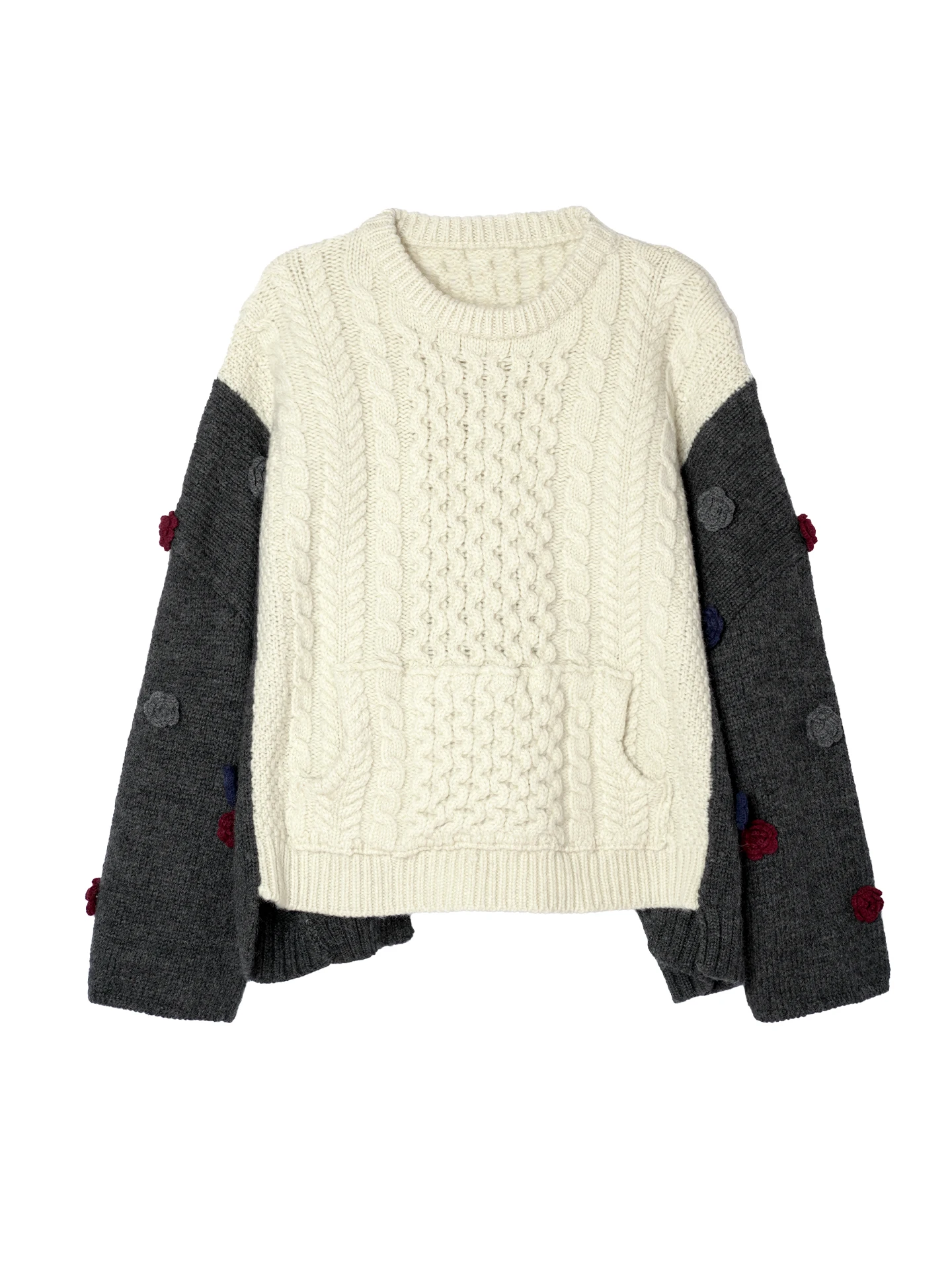 Couleur-bloc pull avec fleurs 3D Aran pull en tricot pour automne et hiver rétro atmosphère douce haut en tricot 255235