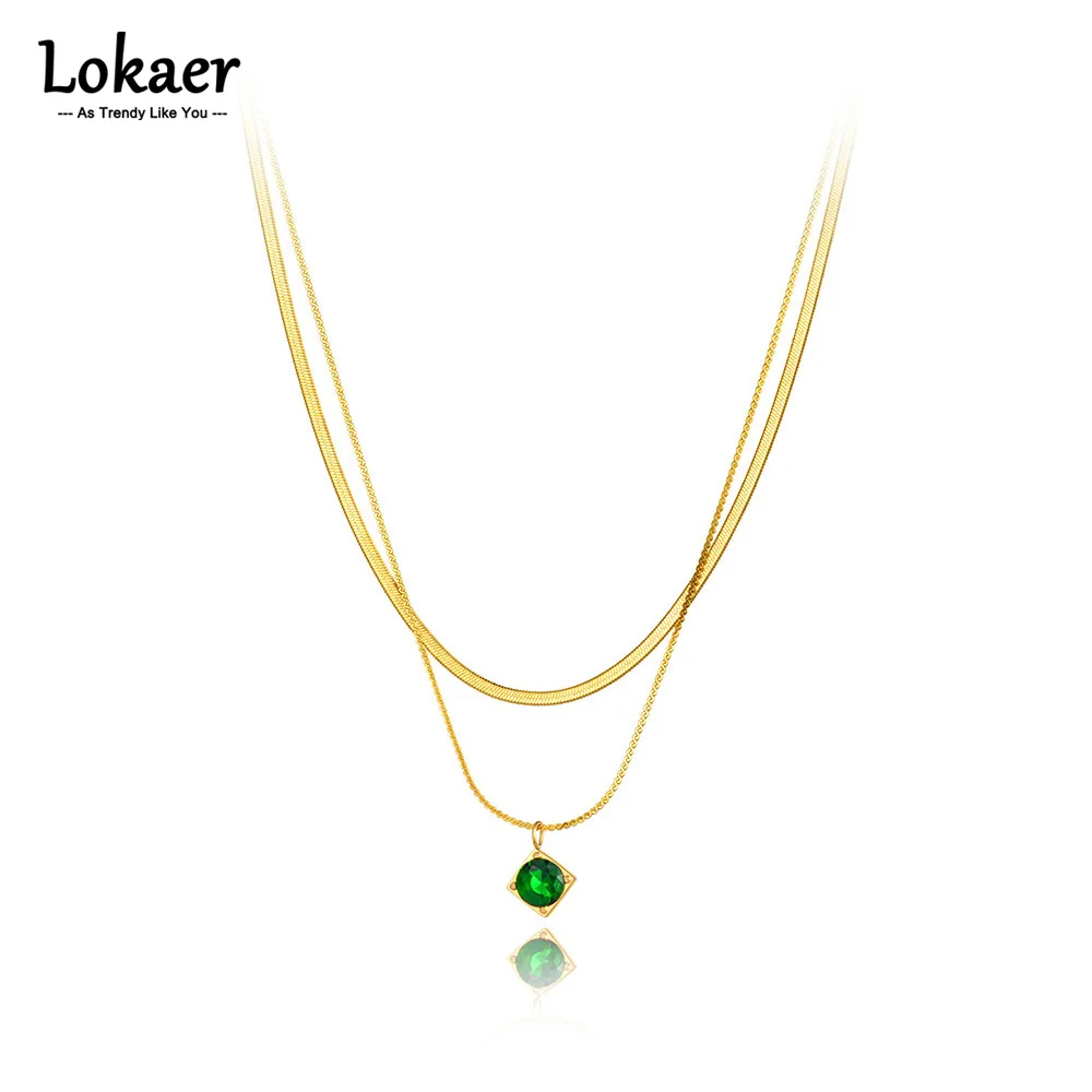 Lokaer doppels chichtige trend ige grüne Zirkonia Anhänger Halsketten für Frauen Edelstahl Schlangen kette Choker Halskette n21236