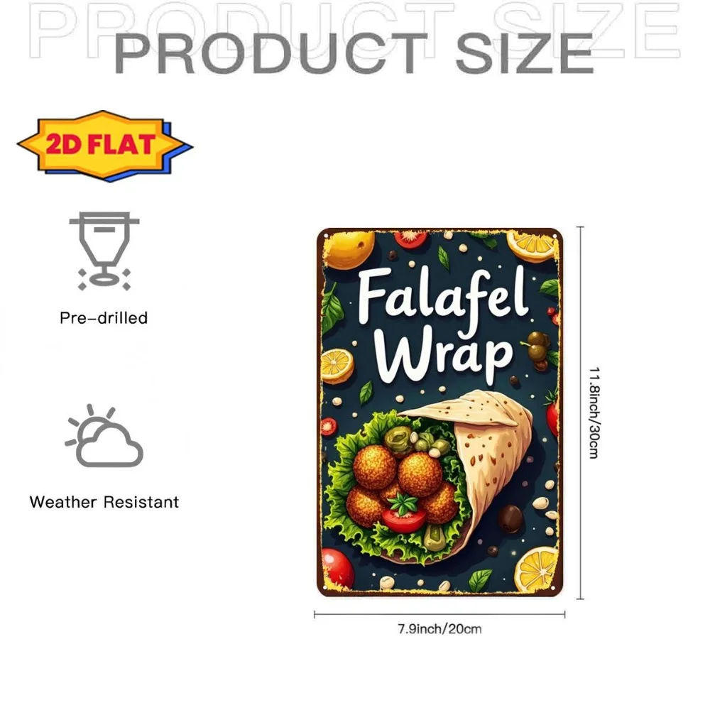 2D Flat Aluminum Multi‑purpose Decor Plaque, Vintage Fresh Aromatic Mediterranean Falafel Wrap Metal Sign for Home Wall Art Deco