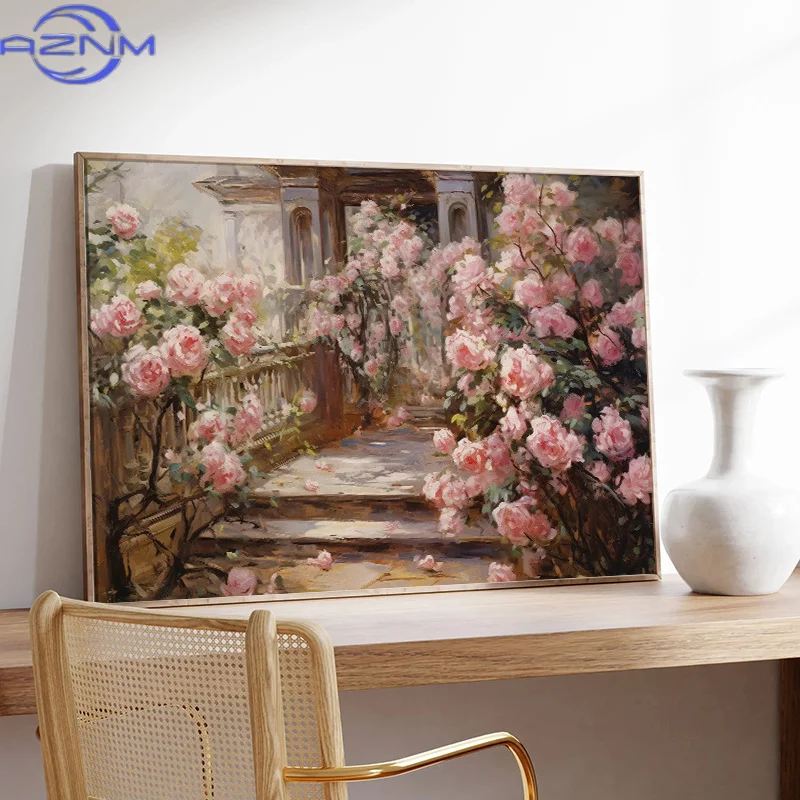 Vintage Flowers Pink Rose Vase Window By River Poster Canvas Painting And Prints Wall Art HD Pictures For Living Room Home Decor
