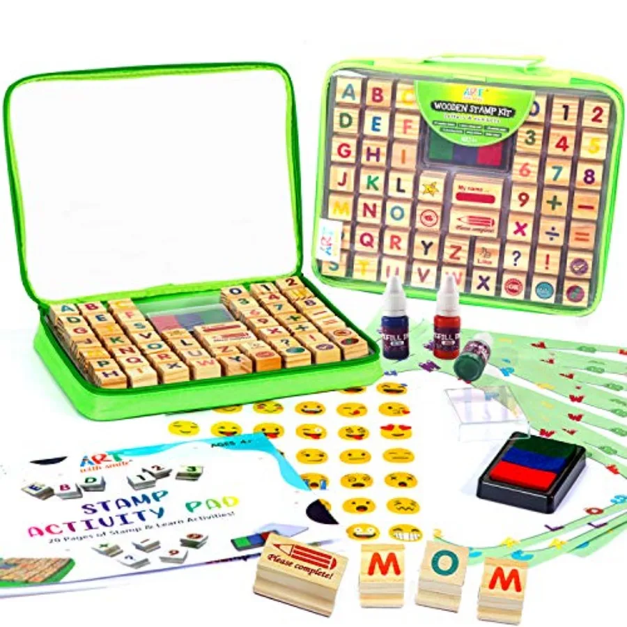 

Wooden Large Stamp Premium Set for.72 Pcs Alphabet Stamps. Letters, Numbers, 3-Color Washable Ink Pad, 3 Refill Bottles, Activi