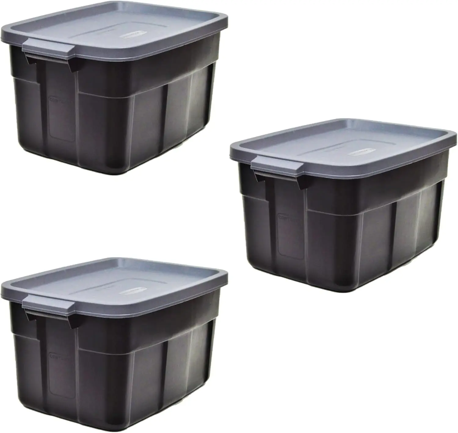 Rubbermaid Roughneck Tote 31 Gal, 3 Pack, Made in USA, Black & Gray, Rugged Plastic Stackable Storage Bins with Lids and Handles