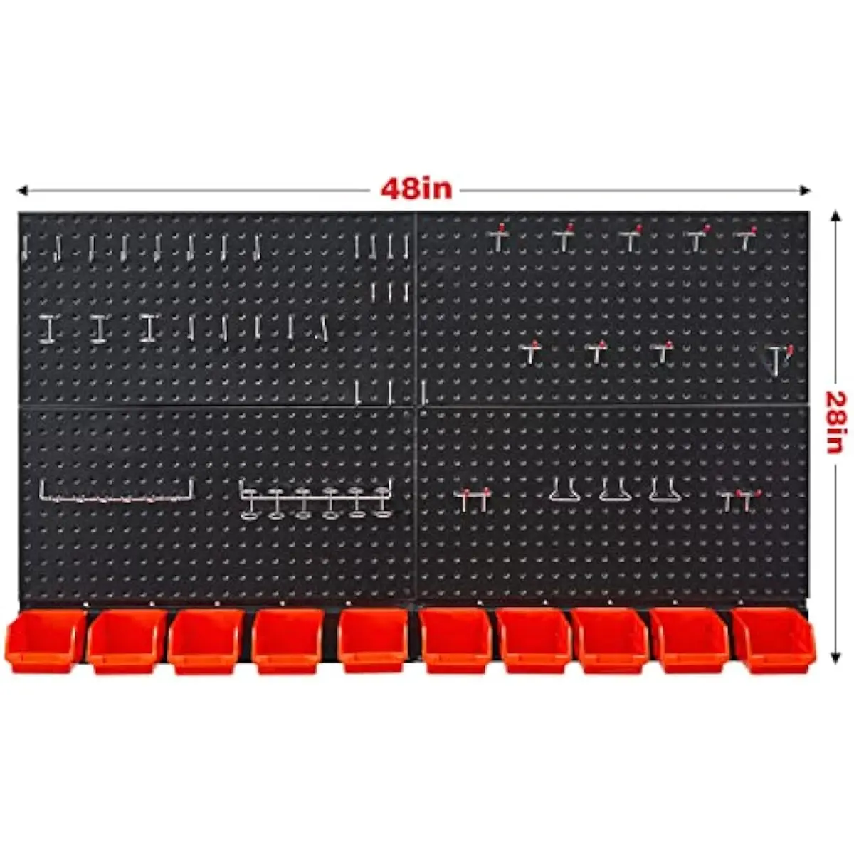 Heavy-Duty Black Alloy Steel Pegboard Wall System – Rust-Resistant 48x28 Inch Panel with 10 Modular Orange Bins – Customizable T
