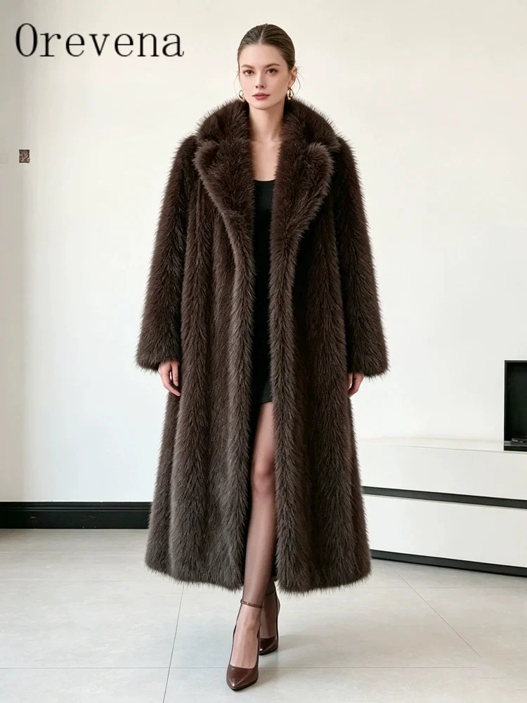 Luxury High End Elegant Women's Suit Collar Faux Fur Long Sleeve Longline Loose Thick Warm Fluffy Solid ColorWinter Maxi Coat