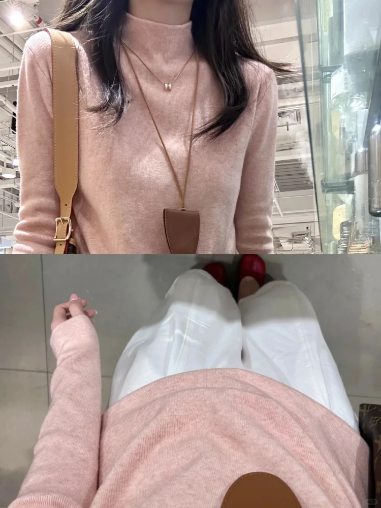 Pink Knitted Long Sleeve Base Shirt Women's Soft Fufu Overhead Inner Wear Korean Style Slim Fit Polyester Fiber Commute Wear
