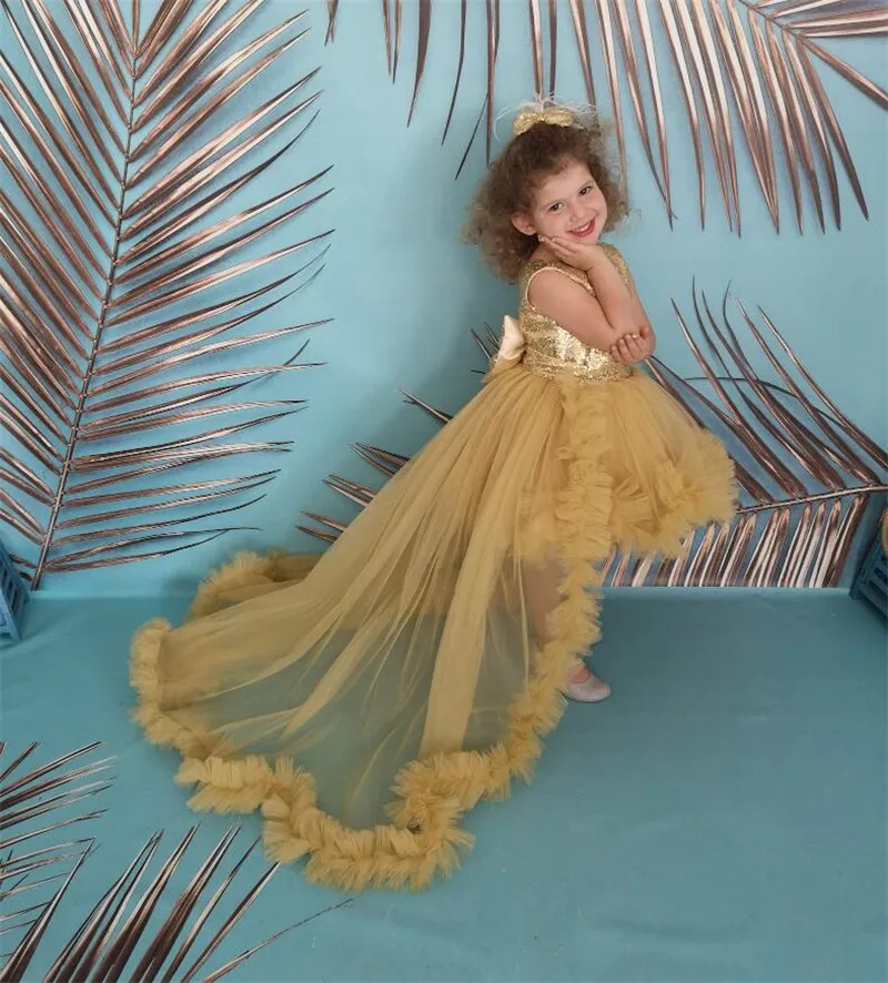 Sparkly Summer Tulle paillettes Kids Flower Girl Dresses O Neck Bow Puffy Birthday Party abiti da sposa con strascico staccabile