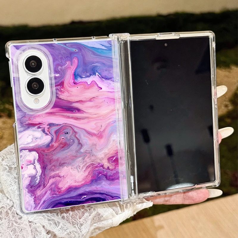 Purple Marble Pattern Folding Phone Case For Samsung Galaxy Z Fold 8 Ultra 8 7 6 5 Clear Hard PC Cover For Samsung Z Fold8 Fold7