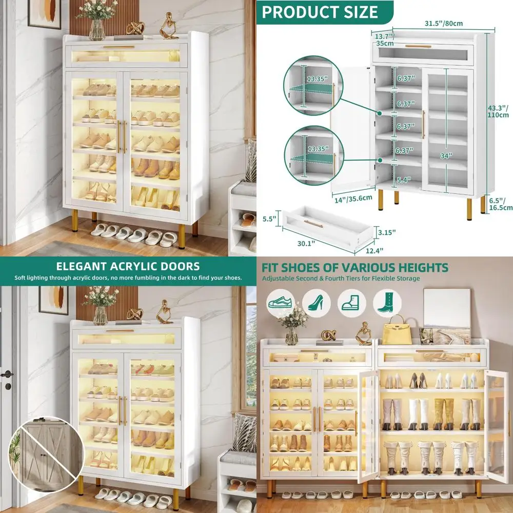 خزانة أحذية خشبية حديثة مع درج وأضواء LED، منظم أحذية ضيق قائم بذاته لتخزين المدخل