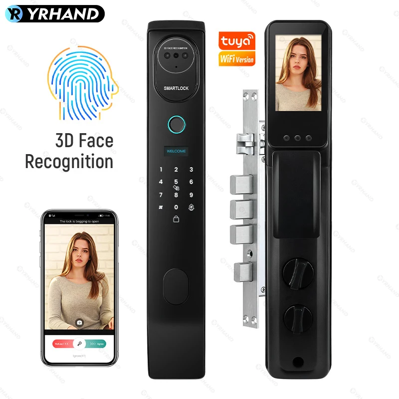 V8 Tuya Wifi 3D Face Smart Door Lock Security Camera Intelligent Fingerprint Password Biometric Electronic Key Unlock For Home