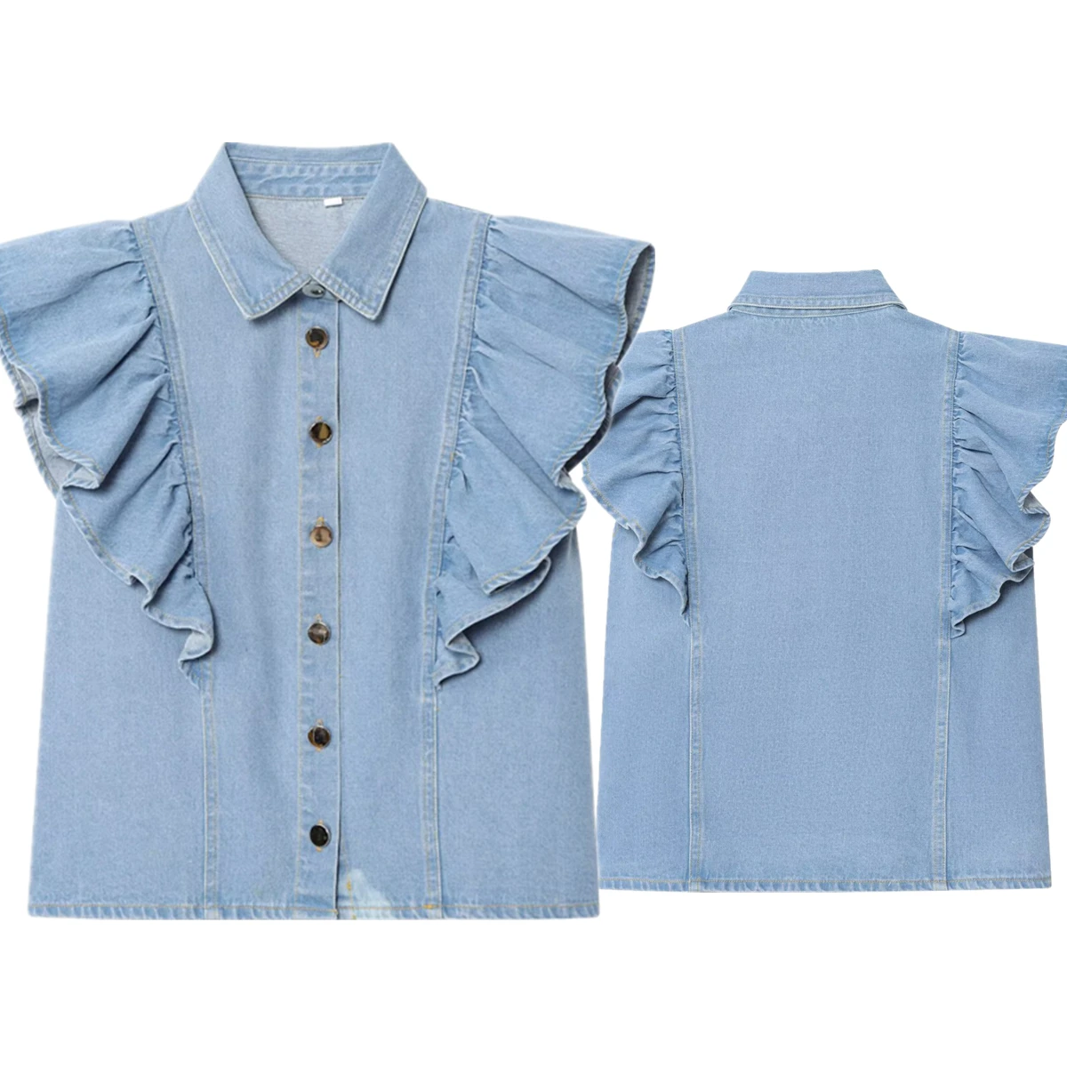 

Withered 2025 Autumn French Country Lazy Layered Denim Shirt Women Tank Tops Elegant Ruffles Summer Blouse Women Tops