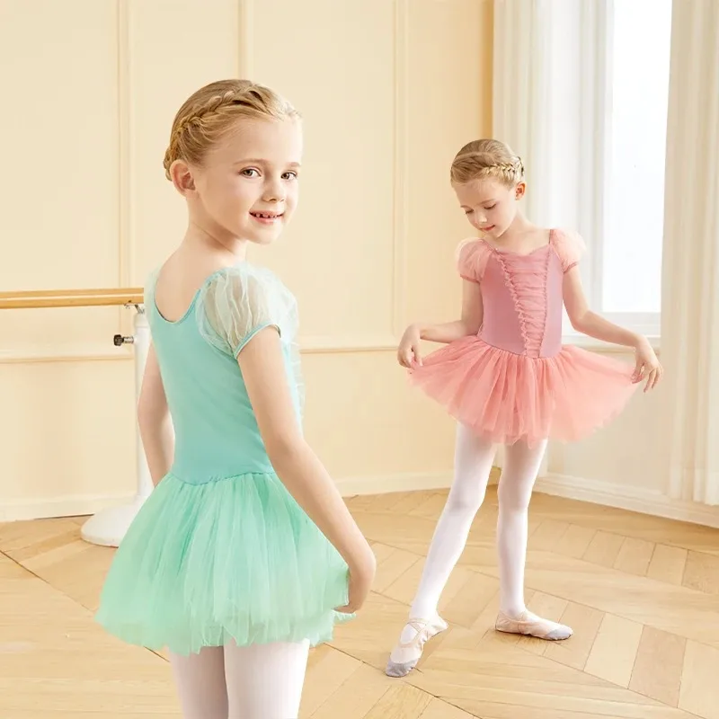 Ballet Tutu Dress For Girl Ballet Leotards Puff Sleeve Ballet Dress Kids Dance Gauzy Skirts Skate Dance Party Bodysuits Swiomwer