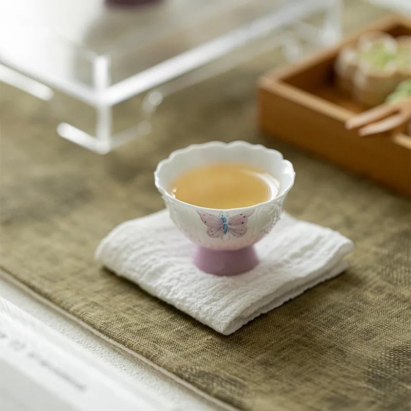 اليشم الطين رسمت باليد التدرج الأرجواني اللؤلؤ الستار فراشة عالية القدم كوب شاي صغير الكونغ فو طقم شاي السيراميك المنزلية