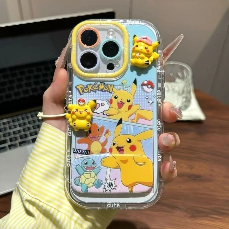 

Cute Pikachu Phone Case with 3D Doll for IPhone 16Pro Max 16 Pro IPhone 15 14Plus Shockproof Cover Apple 13 12 Mini Cartoon Case