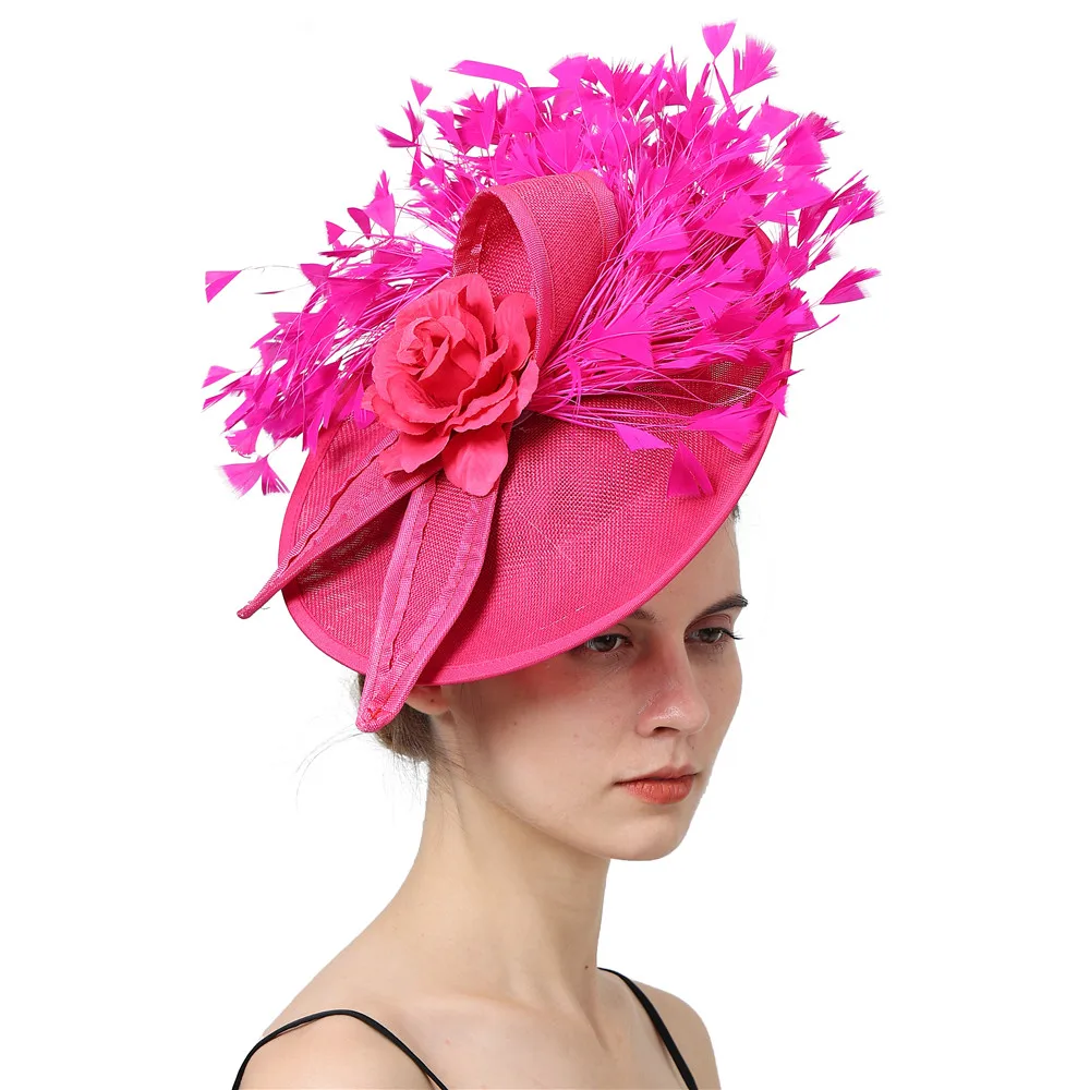 Elegant Hot pink Feather Fascinator Wedding Bridal HairClip Event Hat For Party Cocktail Headpiece Lady Floral Pattern HeadWear