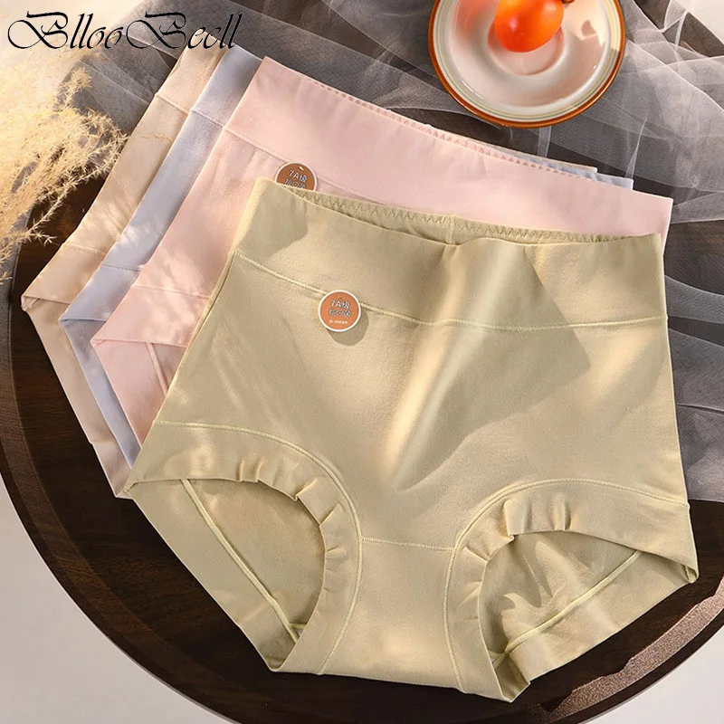 

4pcs Plus Size Women's Cotton Underwear High Waist Sexy Seamless Panties Set Tummy Briefs Solid Color Ladies Classic Underpants