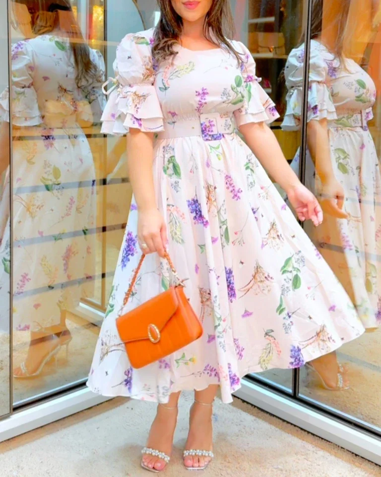 

Elegant Dresses Woman Temperament Female Fashion Dress 2025 New Women's Casual Floral Print Half Sleeve Shirred Dress with Belt