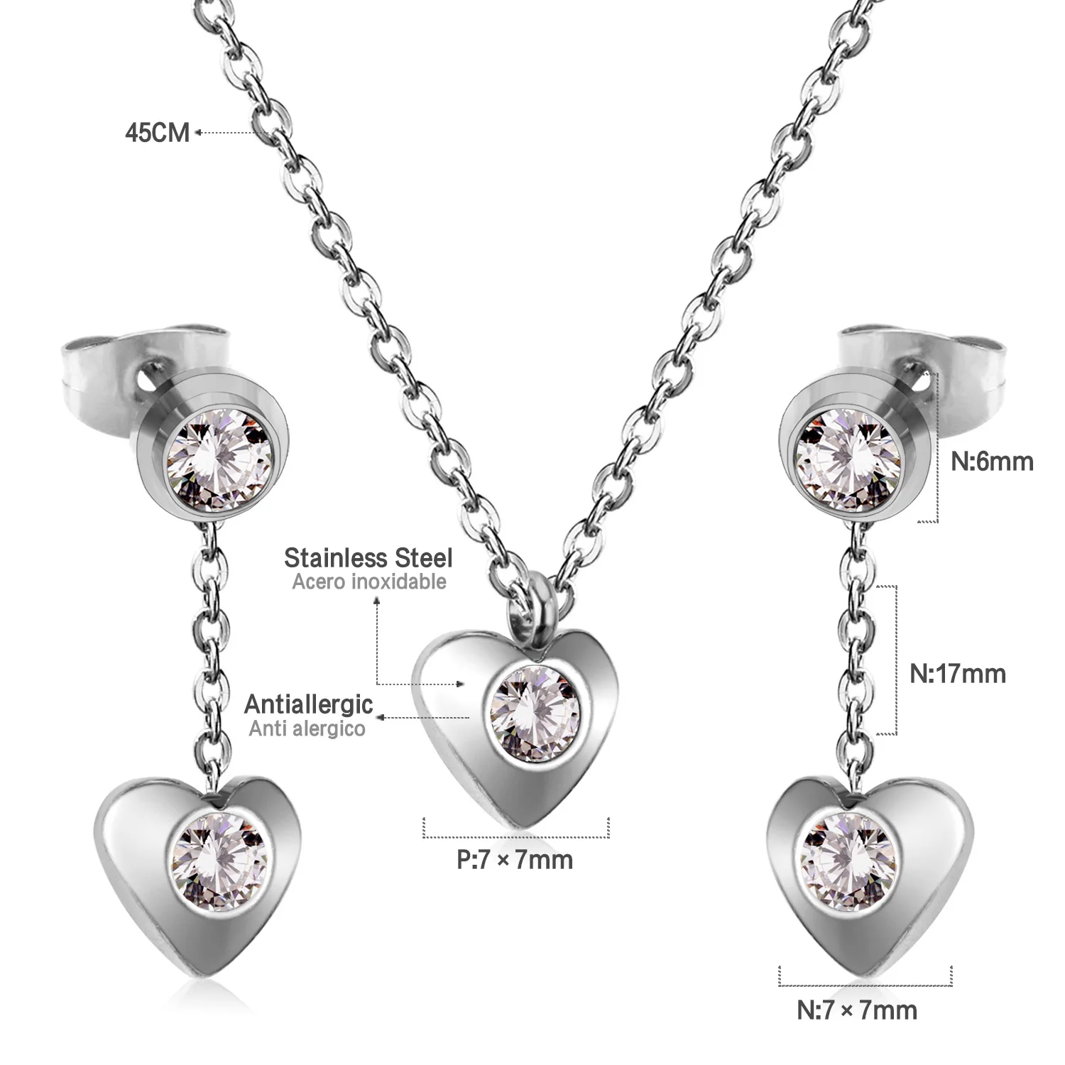 Heart Rhinestone Necklace Earring Set for Women