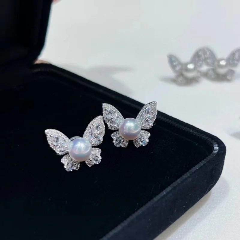 

Серьги SGARIT с круглым жемчугом из натурального пресноводного жемчуга, серьги из стерлингового серебра S925, изысканный дизайн бабочки, женские ювелирные украшения