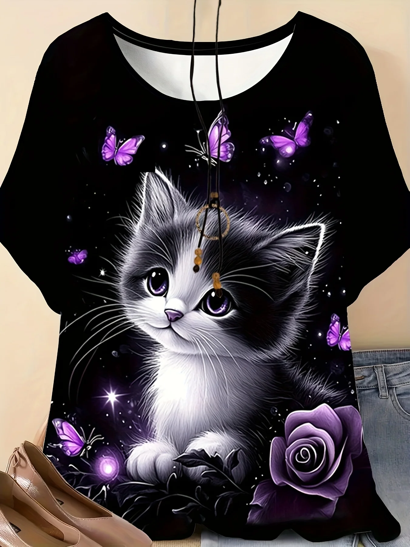 Women Crew Neck Short Sleeve T‑shirt Cute Kitten Purple Butterfly Rose Starry Sparkle Black Casual Graphic Tops