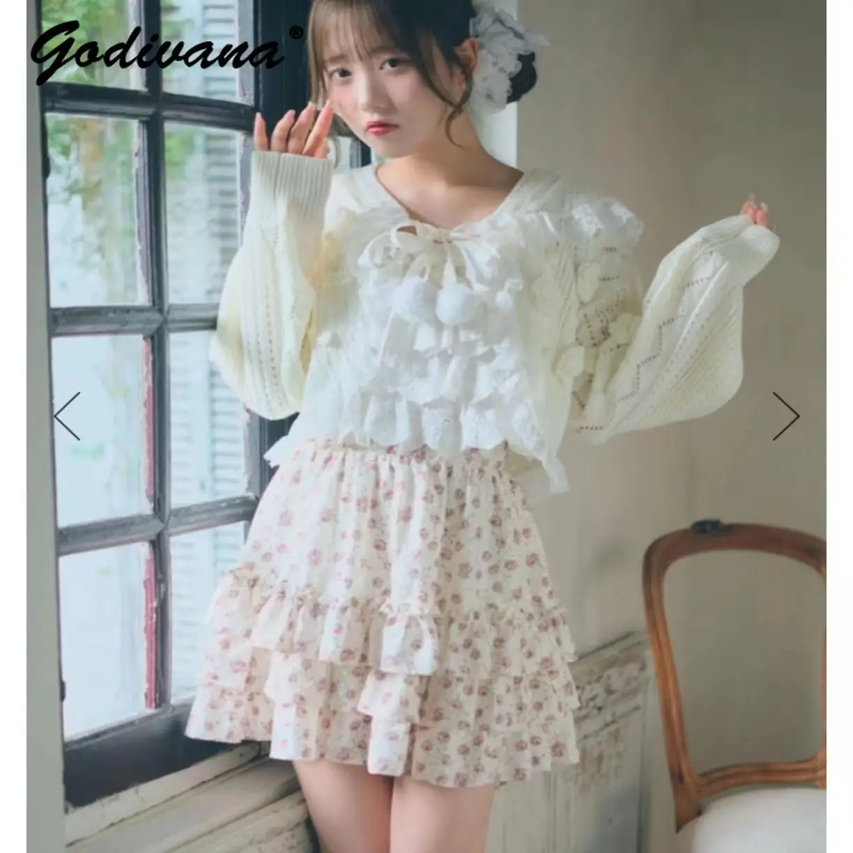 2024 New Japanese Style Autumn Girl Crochet Hollow Flower Sailor Collar Knitted Cardigan Women\'s Sweet Short Sweater Coat