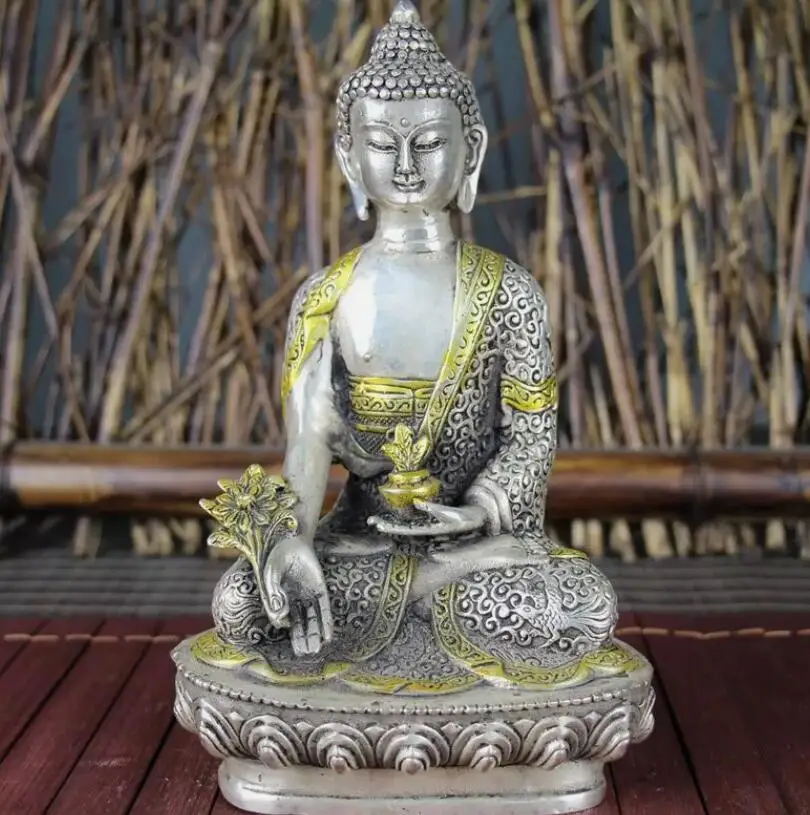 

8" Tibetan Silver Buddhism Sakyamuni Shakyamuni Buddha Statue